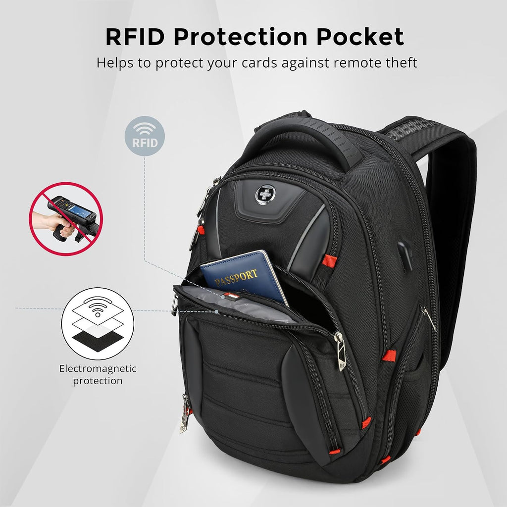 Swissdigital Design Travel Backpack for men with Apple Find My, TSA Friendly USB Charging RFID Protection Business Backpack Fits 15.6' Laptops Black | J149508F-BR