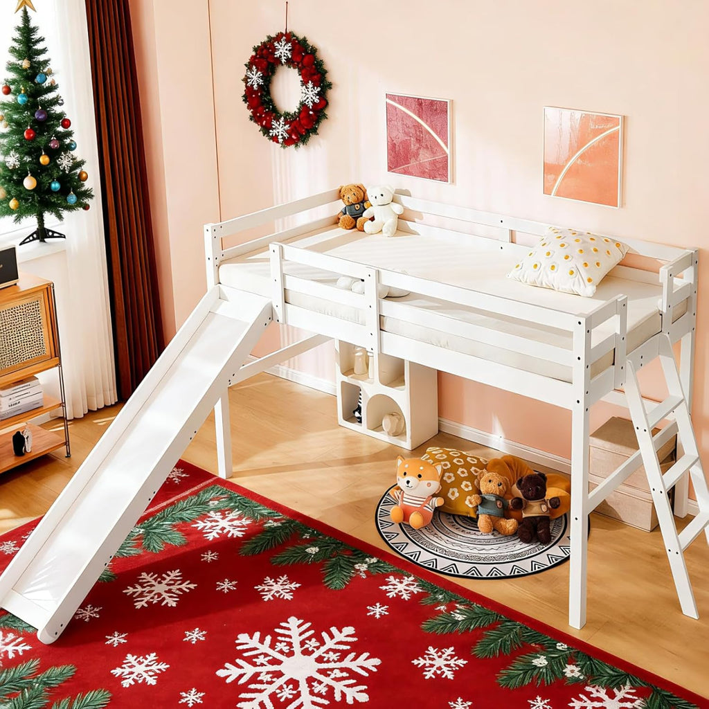 VINGLI Loft Bed with Slide, Twin Space Saving Kids Low Loft with Guardrail and Ladder, Pine Wood and Sturdy Single Bed Frame for Boys and Girls, White
