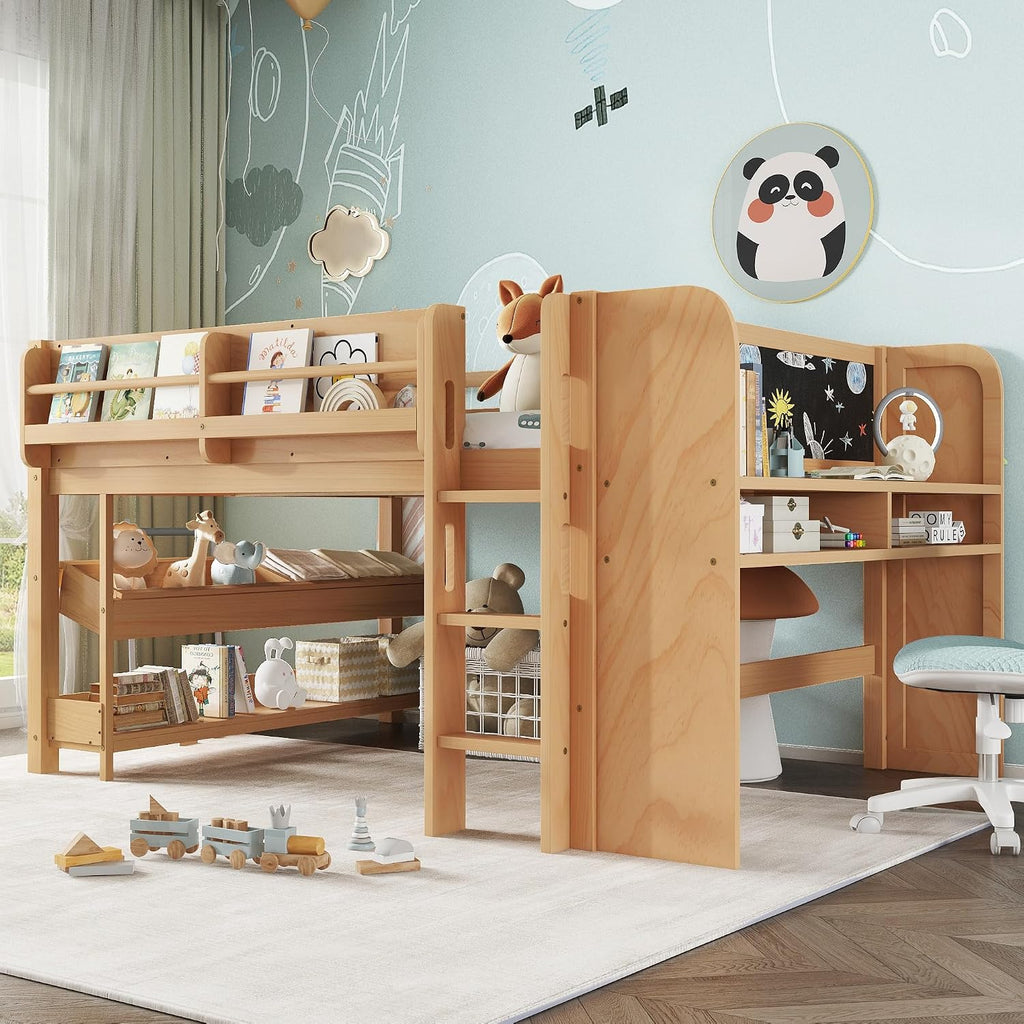 MERITLINE Full Loft Bed with Desk & Blackboard, Twin Multi-Functional Bed with Storage, All-in-One Study & Play Design (Natural)