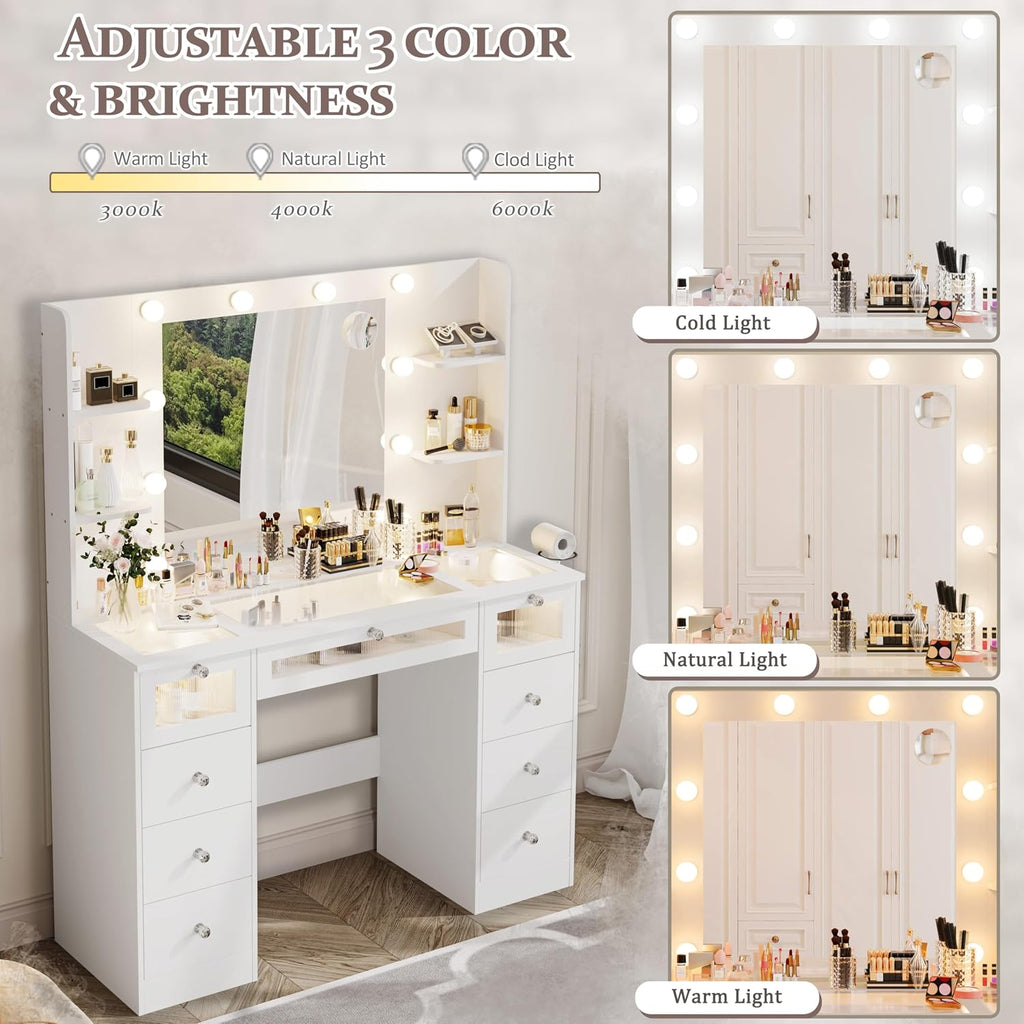 White Vanity with Lighted 23.5' Mirror, Glass Top Vanity Desk with 9 Drawers & 3 Color Hollywood Bulbs & 4 Shelves & Acrylic & Power Outlet, Makeup Desk Dressing Table for Bedroom