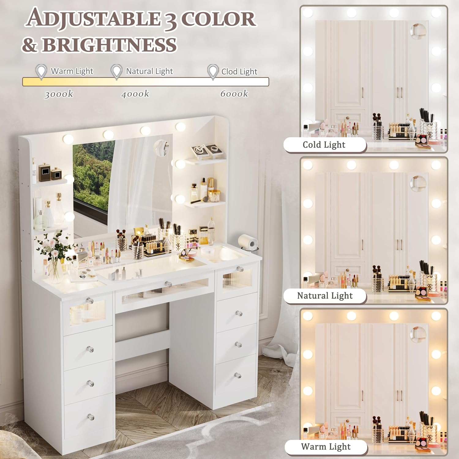 White Vanity with Lighted 23.5' Mirror, Glass Top Vanity Desk with 9 Drawers & 3 Color Hollywood Bulbs & 4 Shelves & Acrylic & Power Outlet, Makeup Desk Dressing Table for Bedroom