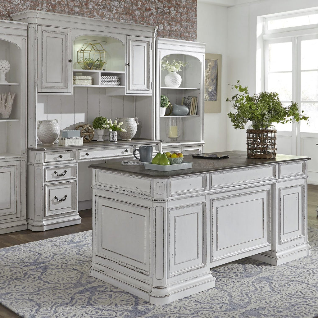 Liberty Furniture Magnolia Manor Complete 5 Piece Desk Set for Home Office - Antique White & Weathered Bark