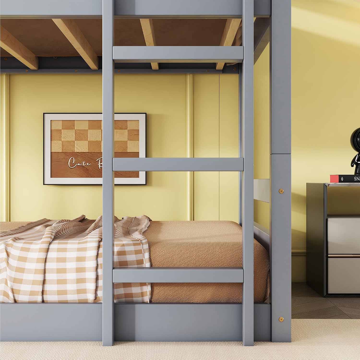Triple Bunk Bed, Detachable Triple Twin Bunk Bed, 3 Rubber Wood Bunk Bed with Two Built-in Ladders, Guardrails, Twin Over Twin Over Twin for Kids, Grey