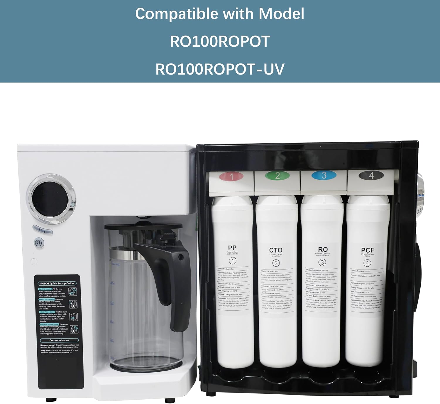 4-Pack Replacement Filter Set Compatible with Bluevua RO100ROPOT RO100ROPOT-UV RO System (1 PP, 1 CTO, 1 RO, 1 PCF)