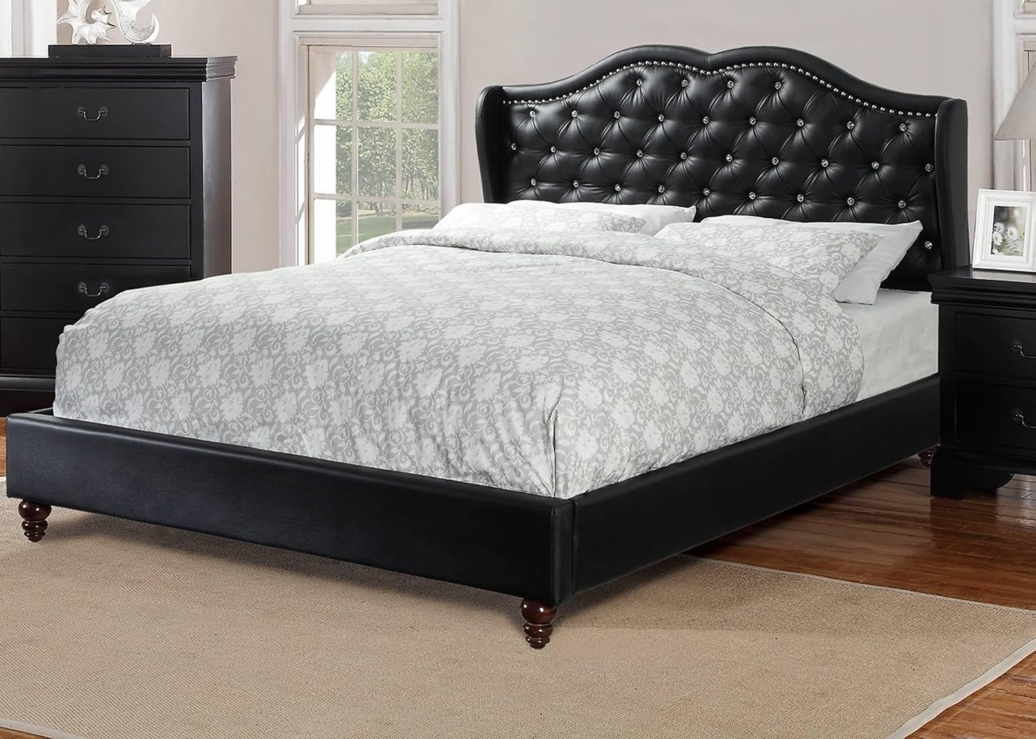 Queen Bed Frame Platform | Queen Size Bed 1Pc Bed Set Black Faux Leather Upholstered Wingback Design Bed Frame Headboard Bedroom Furniture Tufted Upholstered
