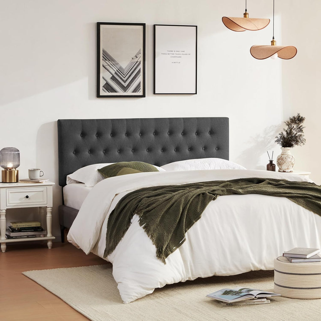 Huatean Home Tufted Upholstered Headboard Full Size, Solid Wood Head Board with Durable Metal Legs, Adjustable Height Full XL headboard from 37' to 51' Fabric Headboard in Modern Button Design, Black