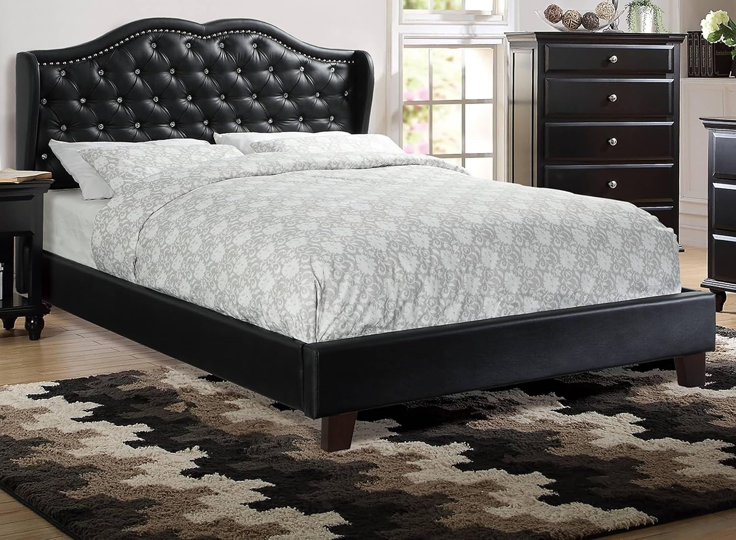 Queen Bed Frame Platform | Queen Size Bed 1Pc Bed Set Black Faux Leather Upholstered Wingback Design Bed Frame Headboard Bedroom Furniture Tufted Upholstered