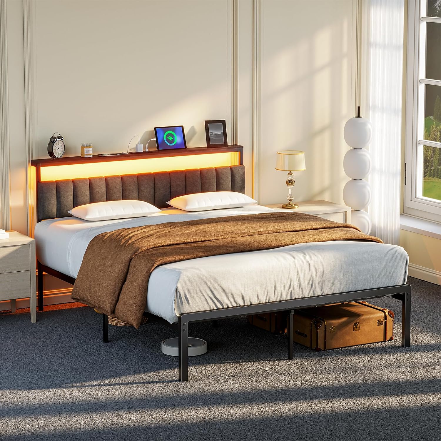 Queen Bed Frame no Box Spring Needed, Bed Queen Size with Headboard & Led Lights & Charging Station, Queen Metal Bed Frame, Queen Bed Frames Noise-Free/Assembly Easily, Black Bed Frame Queen