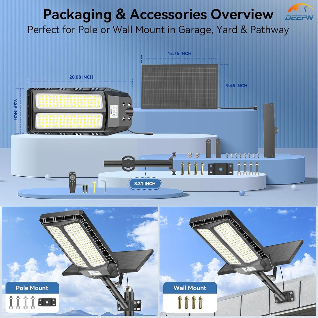 Deepn Solar Lights Outdoor, 8000w SolarStreet Lights Outdoor Waterproof Dusk toDawn LED Security Flood Light with MotionSensor and Remote Control for Pathway,Entryway & Yard, 2 Pack
