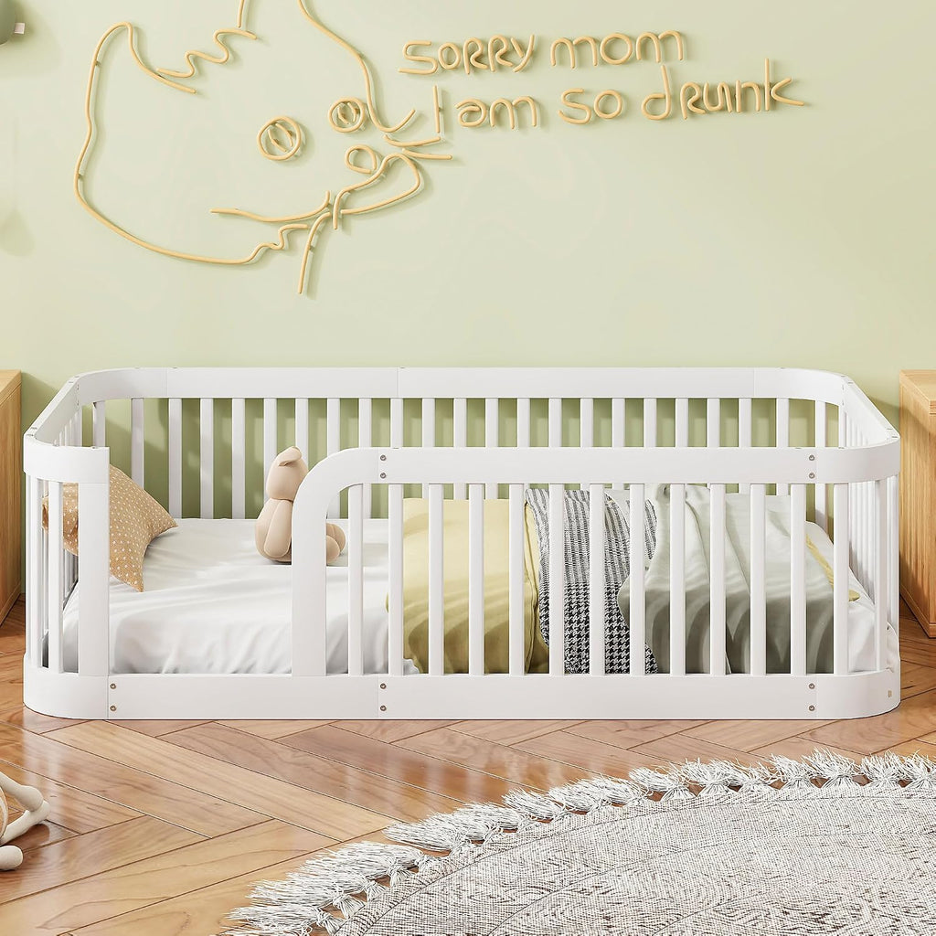 JIVOIT Twin Size Floor Bed Frame with Fence, Wood Montessori Floor Bed with Safety Guardrail, Easy Assembly (White/124)