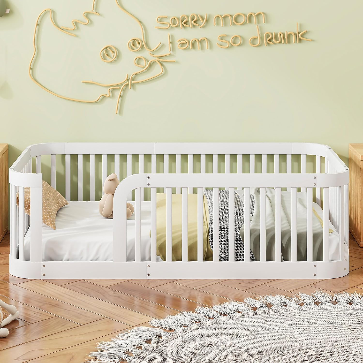 JIVOIT Twin Size Floor Bed Frame with Fence, Wood Montessori Floor Bed with Safety Guardrail, Easy Assembly (White/124)