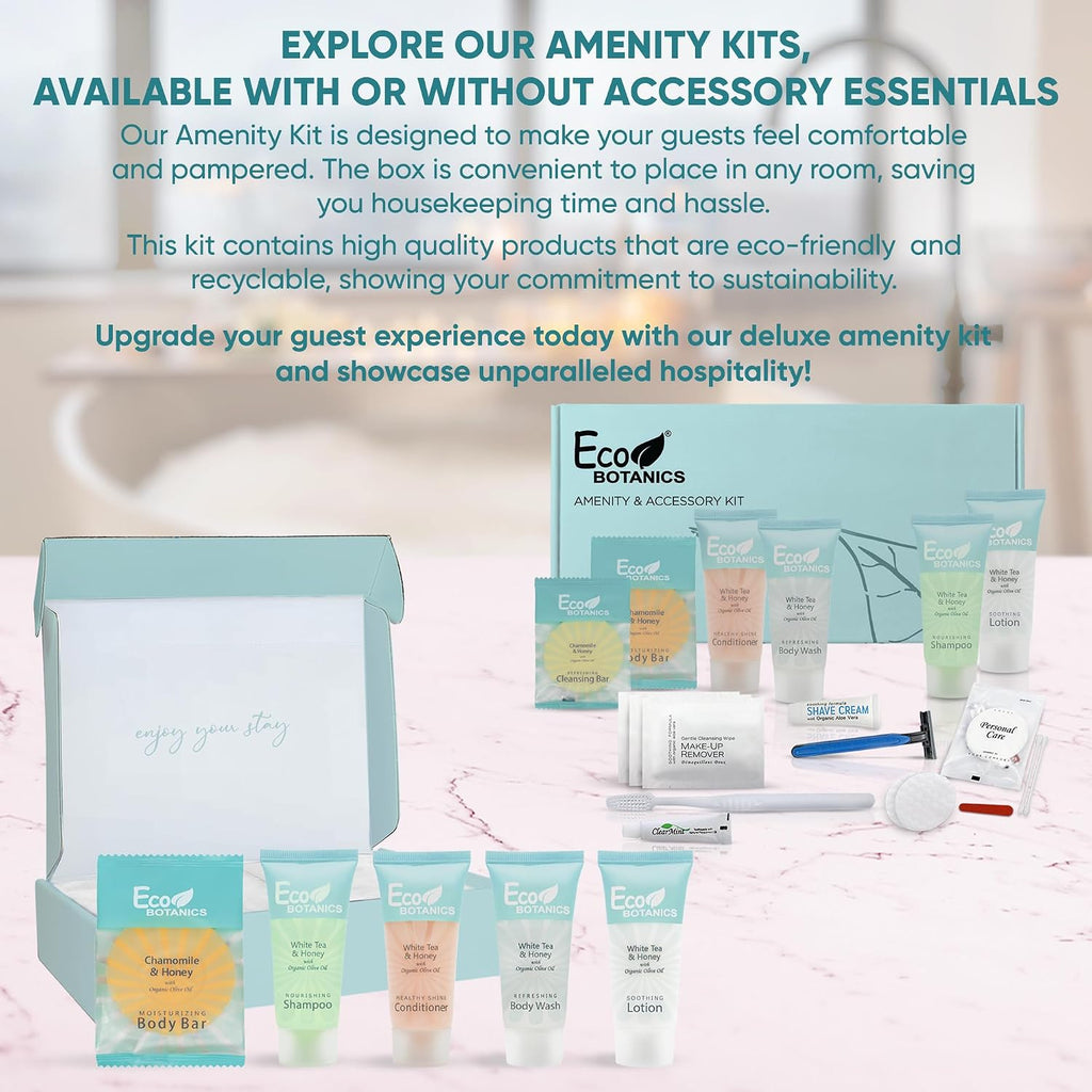 Terra Pure Eco Botanics Amenity & Accessory Kit | 0.85 oz Travel Size Shampoo, Conditioner, Lotion, Body Wash, Soap Bar, Shave & Dental Sets, Make-Up Remover Wipes, & Vanity Kit | 60 sets per case