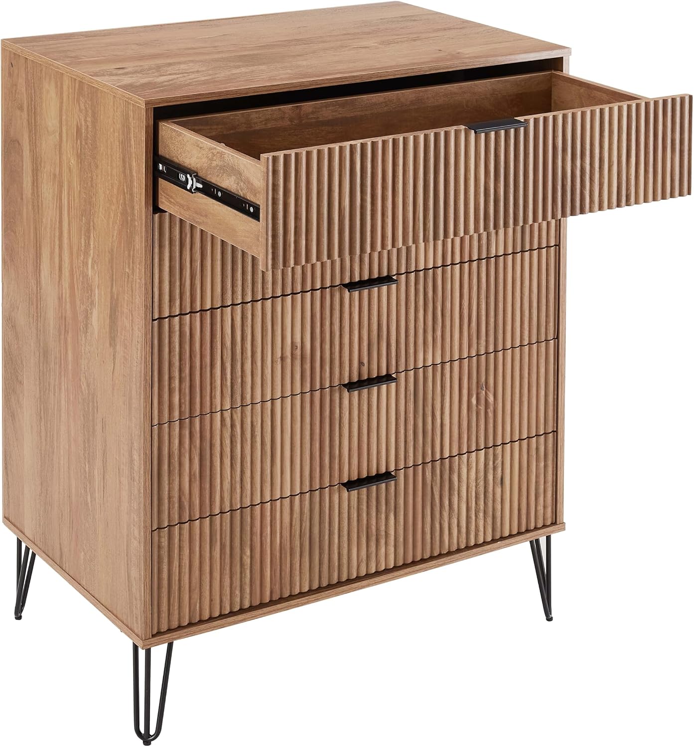 Manhattan Comfort Dumbo Modern 5-Drawer Tall Dresser and Nightstand 2.0 Set - Black Metal Accents - Vertical Ribbed Design - No Tool Assembly Storage for Bedroom & Living Room, Golden Brown
