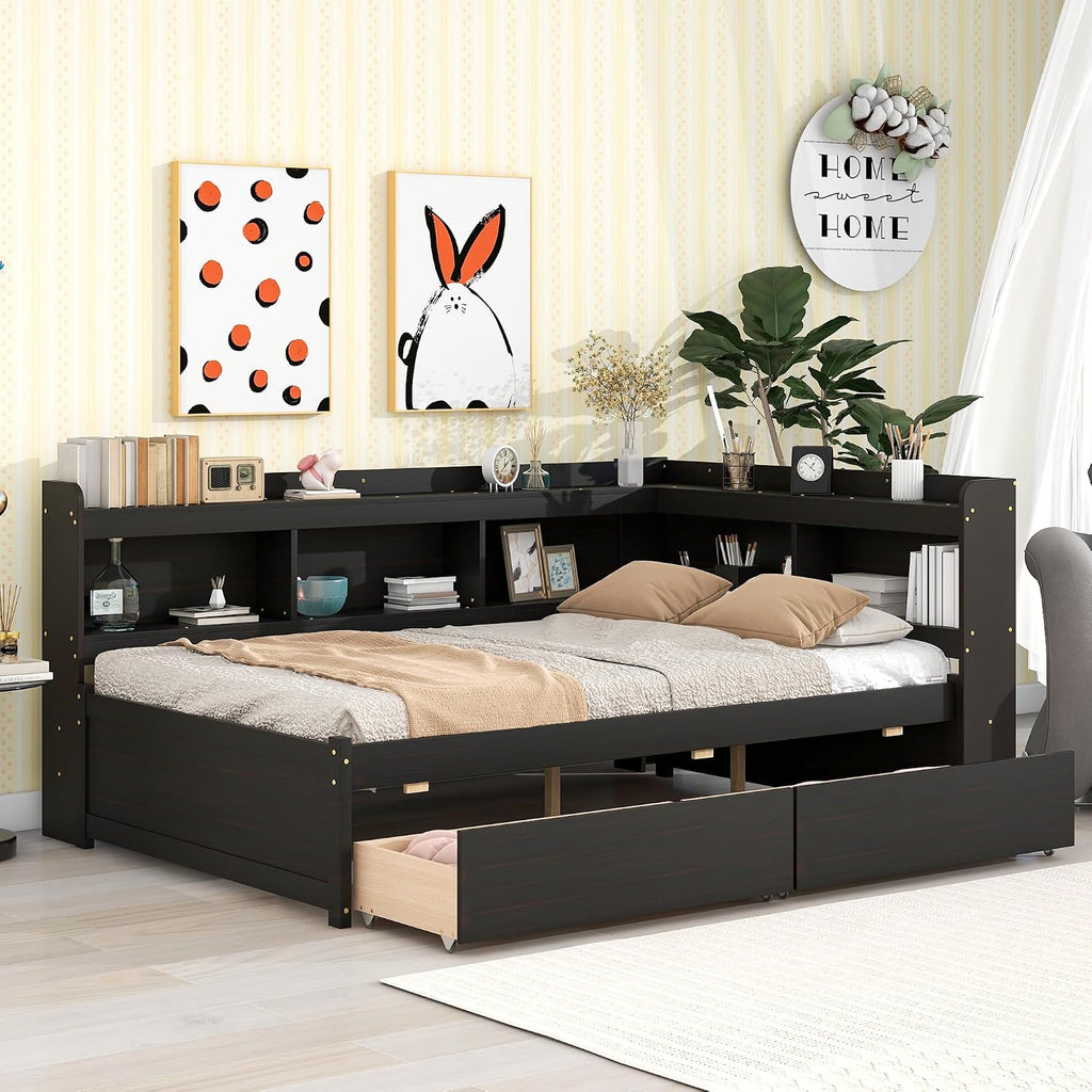 Full Size Platform Bed with L-Shaped Bookcase and 2 Drawers, Wooden Captain Bed Frame with Bookcase Headboard for Kids Teens Adult Boys Girls, No Box Spring Needed-Espresso
