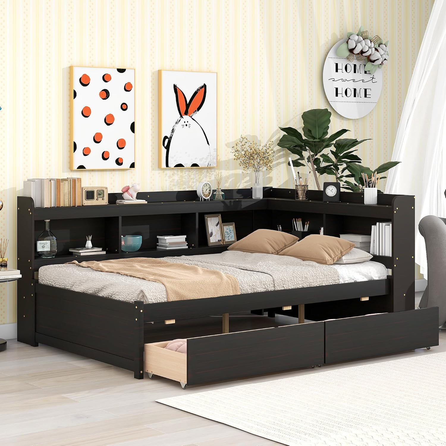 Full Size Platform Bed with L-Shaped Bookcase and 2 Drawers, Wooden Captain Bed Frame with Bookcase Headboard for Kids Teens Adult Boys Girls, No Box Spring Needed-Espresso