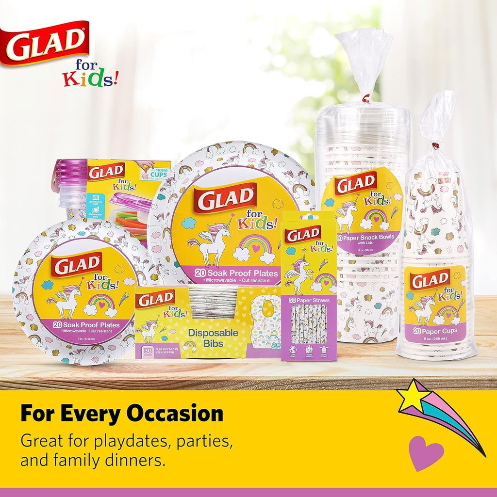 Glad for Kids Unicorn Disposable Paper Bibs with Crumb Catcher, Absorbent Leakproof Bibs for Toddlers and Babies, Mess Free Feeding, Crafts, Parties, and Travel Use, 30 Count - 24 Pack