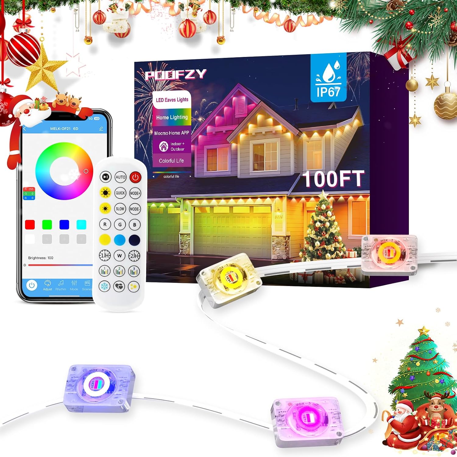 POOFZY Permanent Outdoor Lights for House,100ft RGB+IC Smart Outdoor Decor, 50 Scene Modes,App/Remote Control,IP67 Waterproof,for Christmas,Easter,V-Day,Thanksgiving,Daily & Holiday Party Decor
