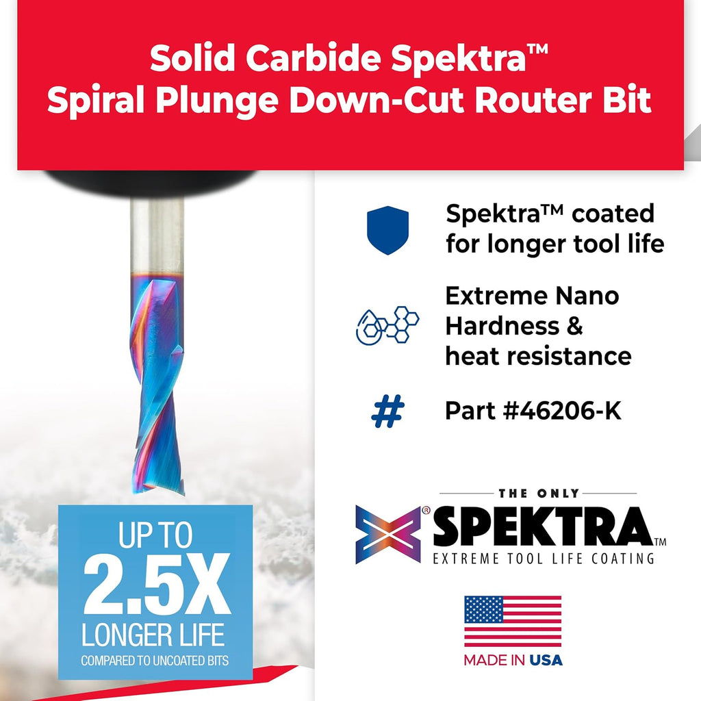 Amana Tool Solid Carbide Spektra Extreme Tool Life Spiral Plunge Router Bit Down-Cut, 46415-K, 1/4 Dia x 1 CH x 1/4 Shank 2-1/2 Inch L