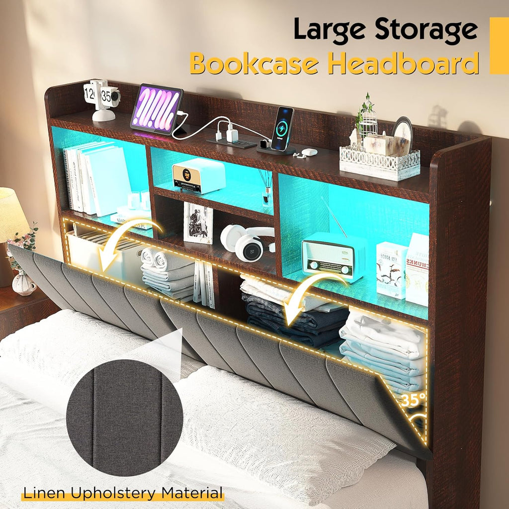 LUXOAK Full Farmhouse Bed Frame with Bookcase Headboard and 4 Drawers, LED Storage Bed with Charging Station & Linen Upholstered, No Box Spring Needed, Reclaimed Barnwood