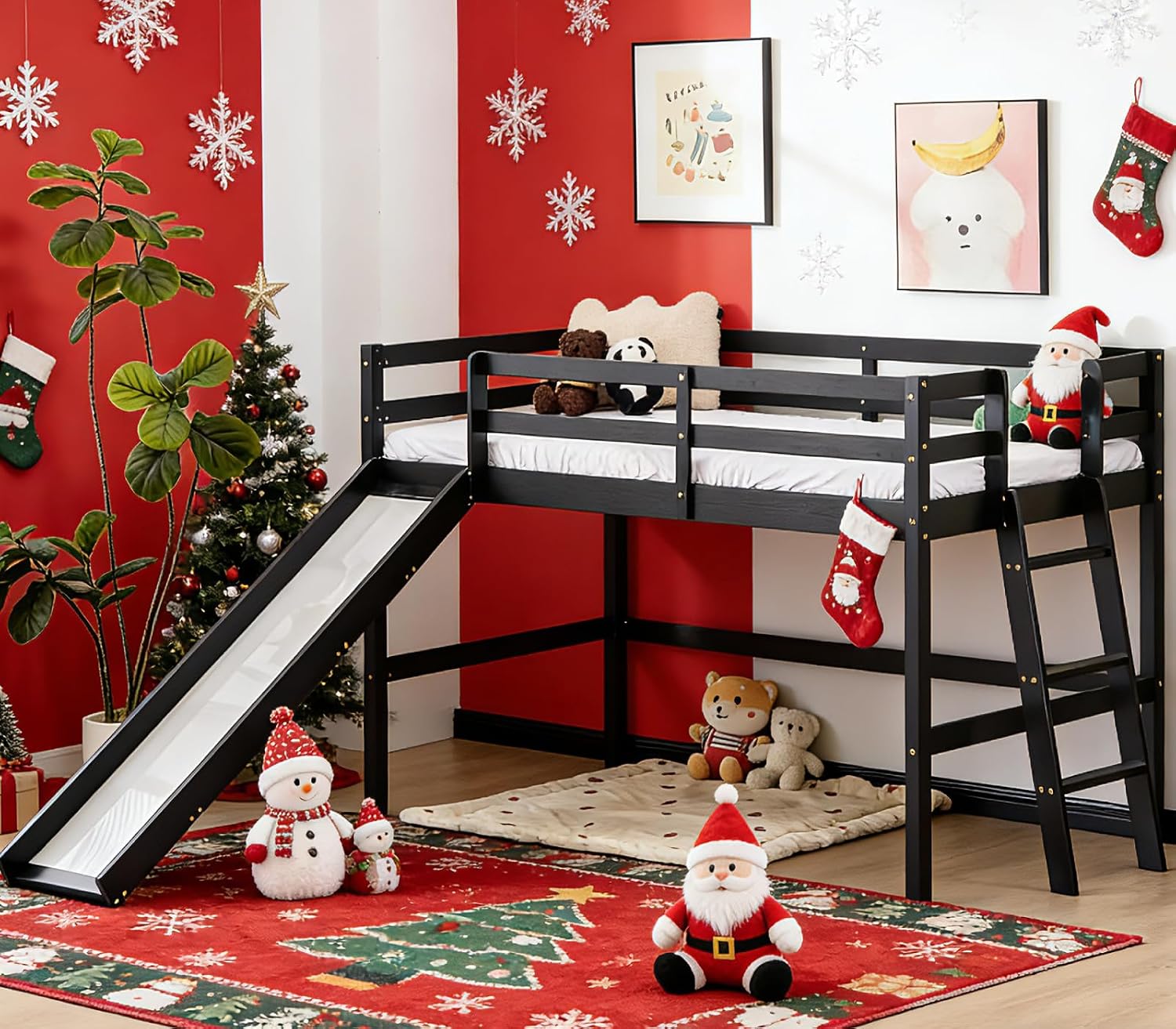 VINGLI 47 Inches Medium High Loft Bed with Slide, Space Saving Kids Low Loft Bed Twin Size with Guardrail and Flat Ladder, Pine Wood Bed Frame for Boys and Girls, Black