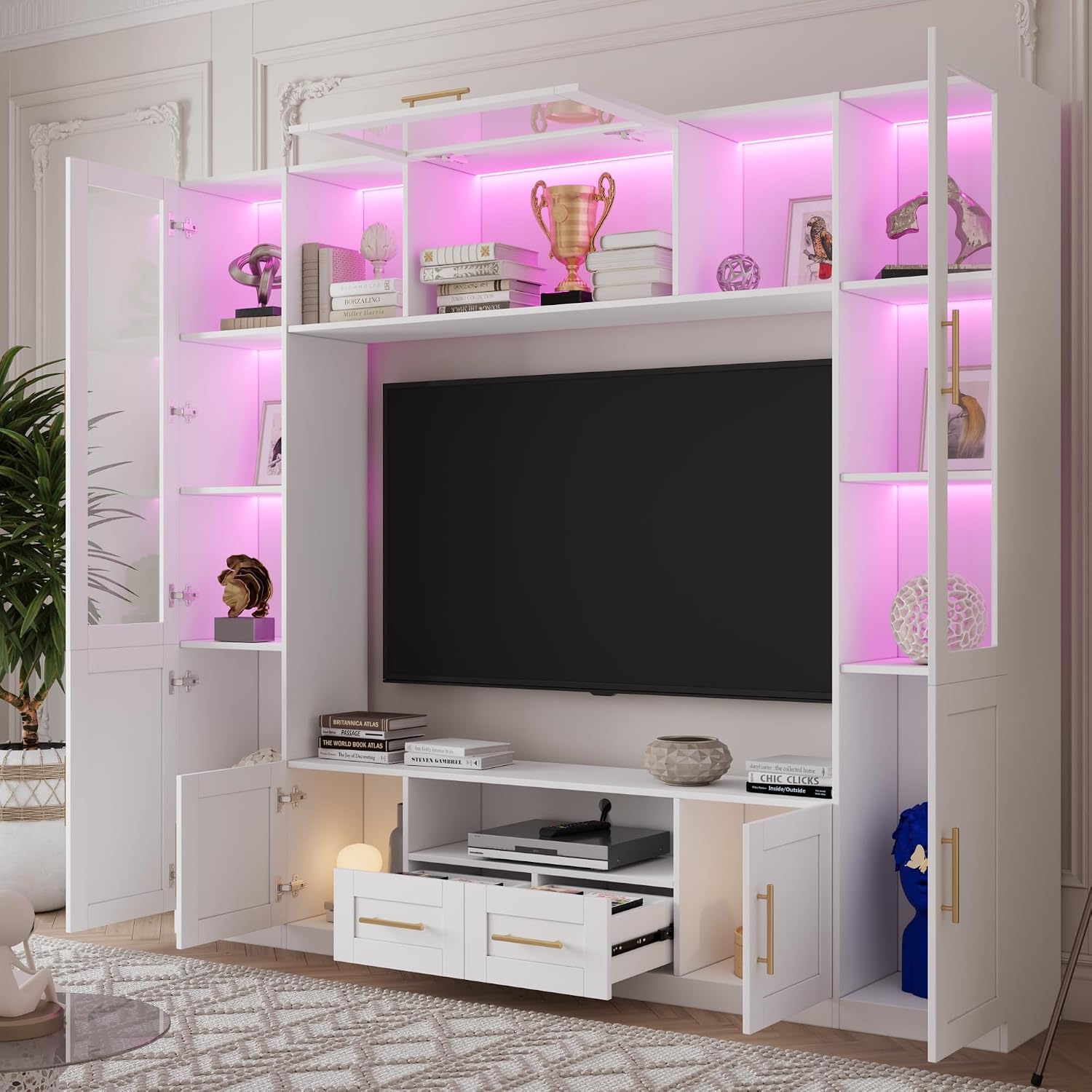 Bobve 94' Wall Unit Entertainment Center for TVs up to 70',Modern TV Console with APP LED Lights,Multifunctional TV Stand with Tempered Glass Door,Drawers & Shelves for Living Room,White