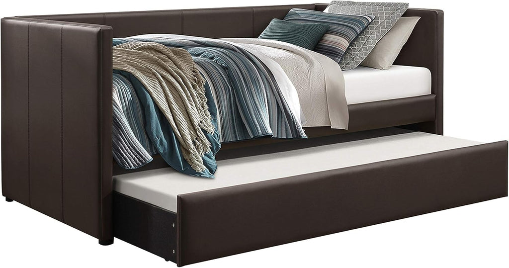 Homelegance Adra PU Leather Upholstered Daybed with Trundle, Twin, Dark Brown