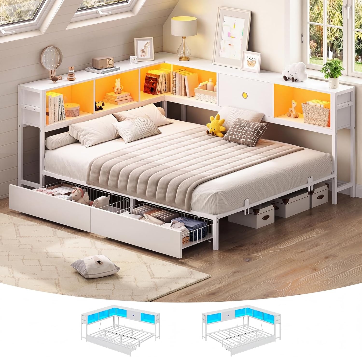 Hasuit Queen Corner Bed Frame with Storage Drawers and Bookcase Headboard, Queen Size Metal Platform Corner Bed Frame with Charging Station and LED Lights, Queen Daybed for Adults Teens Guests, White