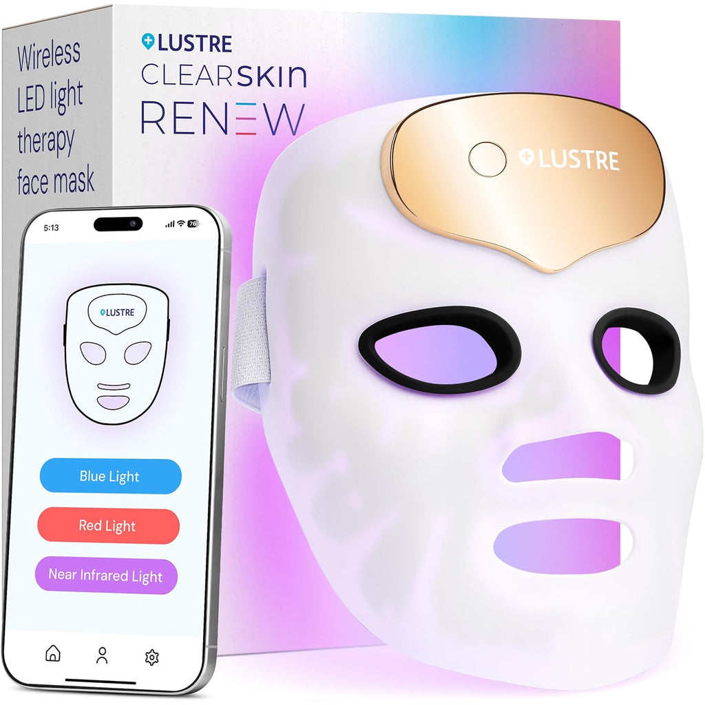LED Face Mask Light Therapy for Acne & Anti-Aging Skincare | FDA-Cleared, Wireless & App-Controlled | Blue, Near-Infrared & Red Light Therapy Mask for Face - Lustre ClearSkin Renew Pro Facewear