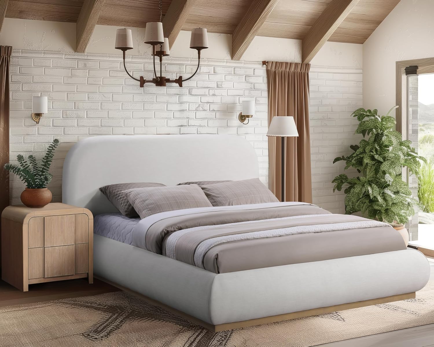 Meridian Furniture B1211Cream-K Vaughn Collection Modern | Contemporary King Bed with Soft Cream Chenille Fabric, Natural Finish Solid Wood Base, 90' W x 93' D x 44.5' H, Cream, King