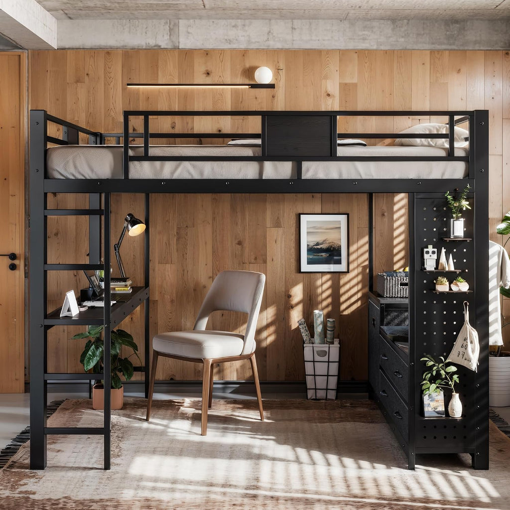 JIVOIT Queen Size Loft Bed with Desk & Shelves, All-in-One Loft Bed with Built-in Workstation & Storage, Space-Saving Metal Loft Bed with Cothesline Pole, Storage Pegboard, Laundry Bag