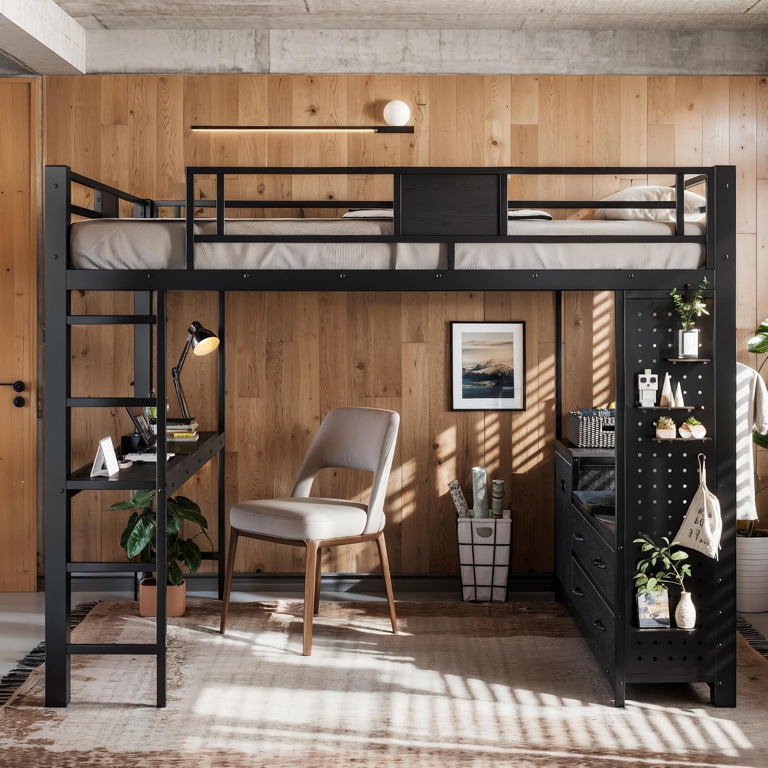 JIVOIT Queen Size Loft Bed with Desk & Shelves, All-in-One Loft Bed with Built-in Workstation & Storage, Space-Saving Metal Loft Bed with Cothesline Pole, Storage Pegboard, Laundry Bag