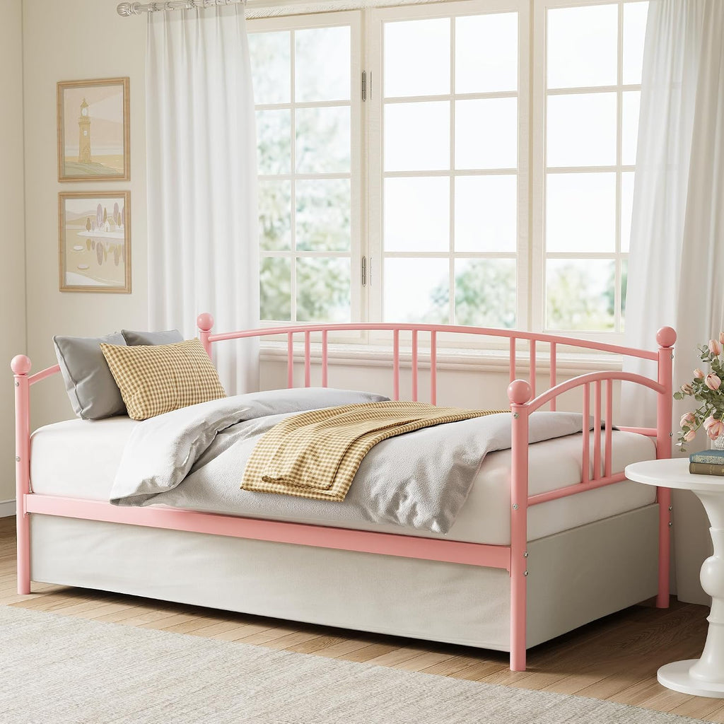 GarveeHome Daybed with Trundle, Sturdy Metal Day Bed with Steel Slat Support, Trundle Bed Twin with Arched Headboard, SofaBed for Living Room, Bedroom and Guest Room, Pink