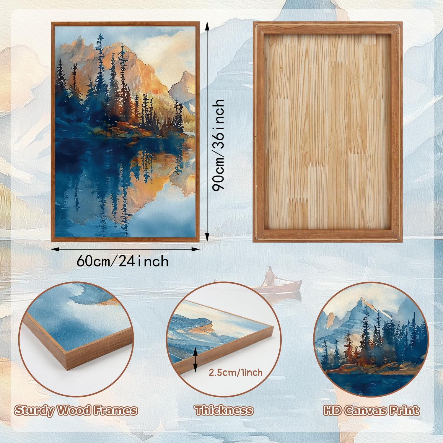 KAIRNE Landscape Wall Art Set of 3(24'X36'),Abstract Forest Canvas Paintings,Watercolor Blue Mountain Lake Prints,Framed Nature Scenery Artwork for Living Room Bedroom Home Office Gallery Decoration