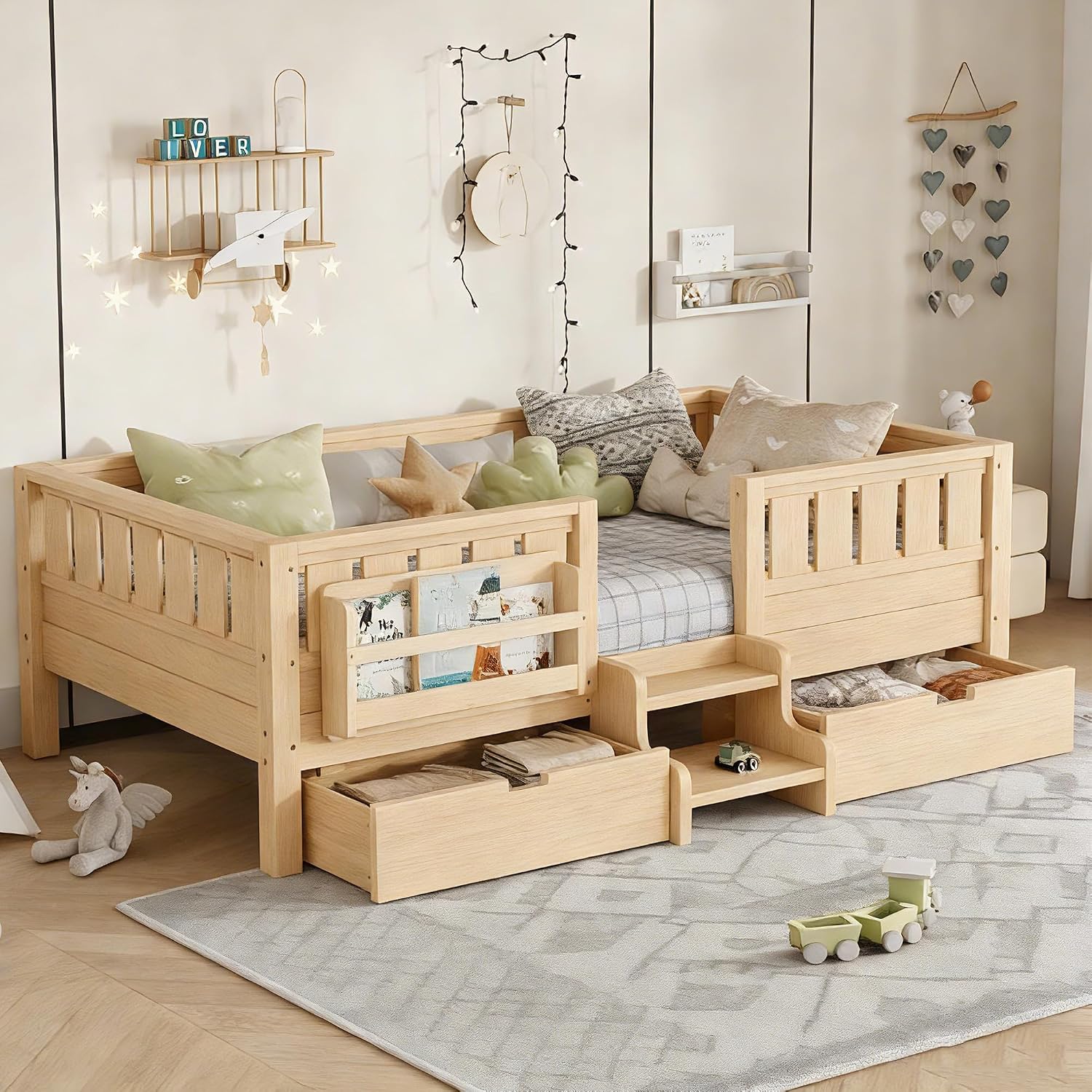 Bellemave Twin Size Kids Montessori Bed with Stairs and Bookshelf,Solid Wood Twin Size Kids Bed Frame with Drawers and Storage for Girls Boys,Low-Profile,Light Natural