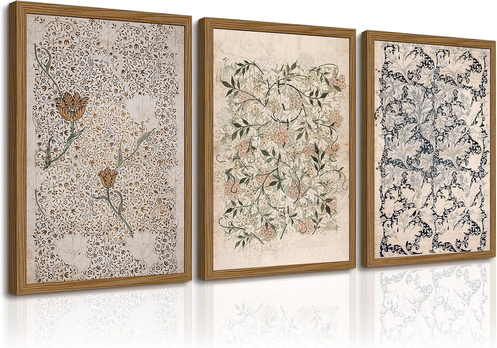 Vintage William Morris Wall Art Framed Decor Boho Floral Botanical Canvas Pictures Abstract Neutral Flower Prints Vintage Farmhouse Artwork Painting for Living Room Bedroom 24x36 Inch Set of 3