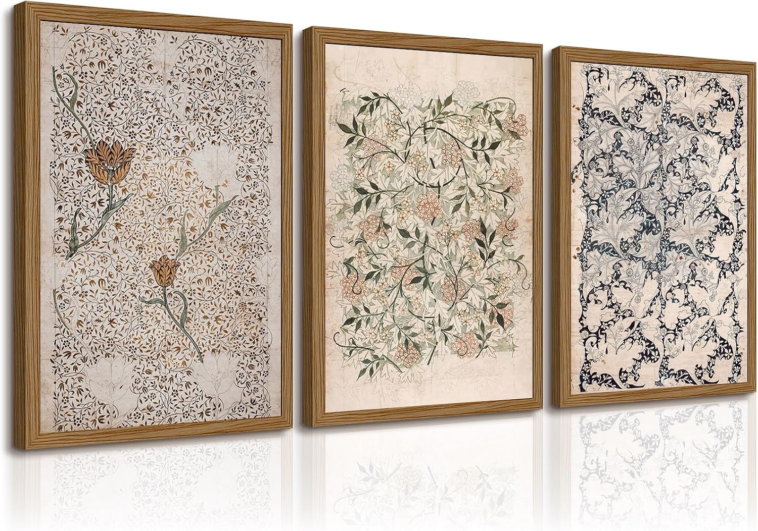 Vintage William Morris Wall Art Framed Decor Boho Floral Botanical Canvas Pictures Abstract Neutral Flower Prints Vintage Farmhouse Artwork Painting for Living Room Bedroom 24x36 Inch Set of 3