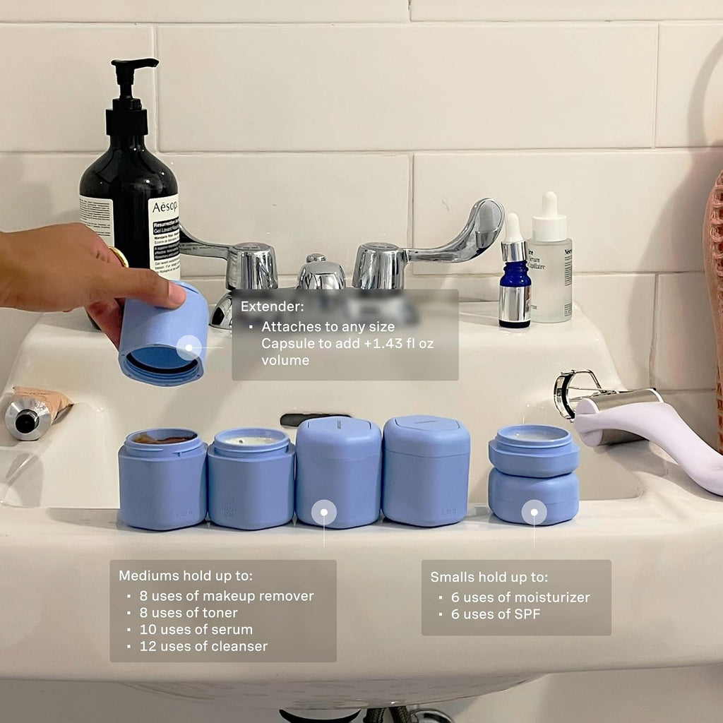 Cadence Travel Containers - Full Skincare Set - Magnetic Containers with Lids,Carry On Travel Essentials For Women/Men - 2 Small (0.56oz), 4 Medium Capsules (1.32oz), & Extender (1.43oz) - Pacific