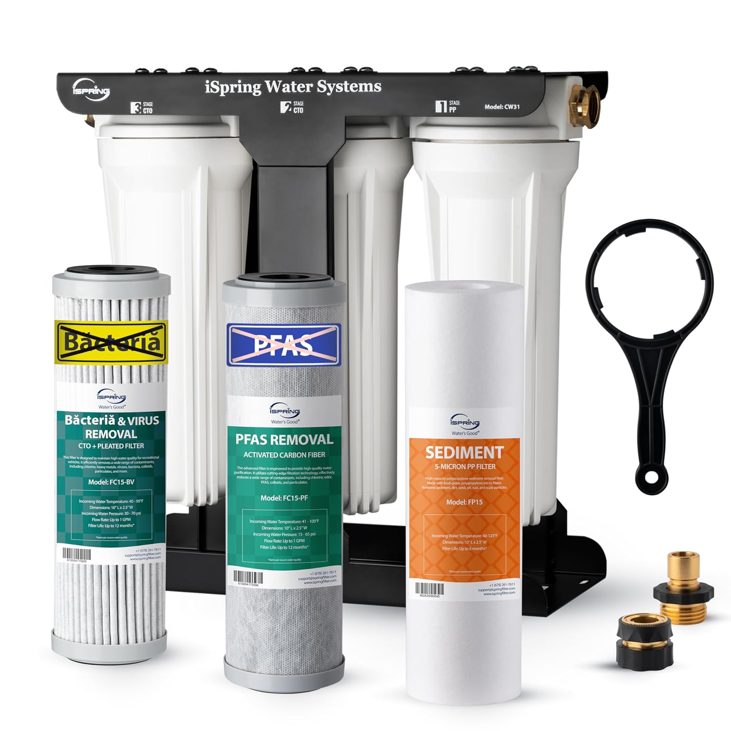 iSpring 3-Stage RV Water Filter System, Removes Over 99% PFAS, Bacteria and Viruses, Reduces Chlorine, Lead, Odor, and Sediment, Leak-Free Brass Fittings, External Mounting Bracket, Model: CW31-PFBV
