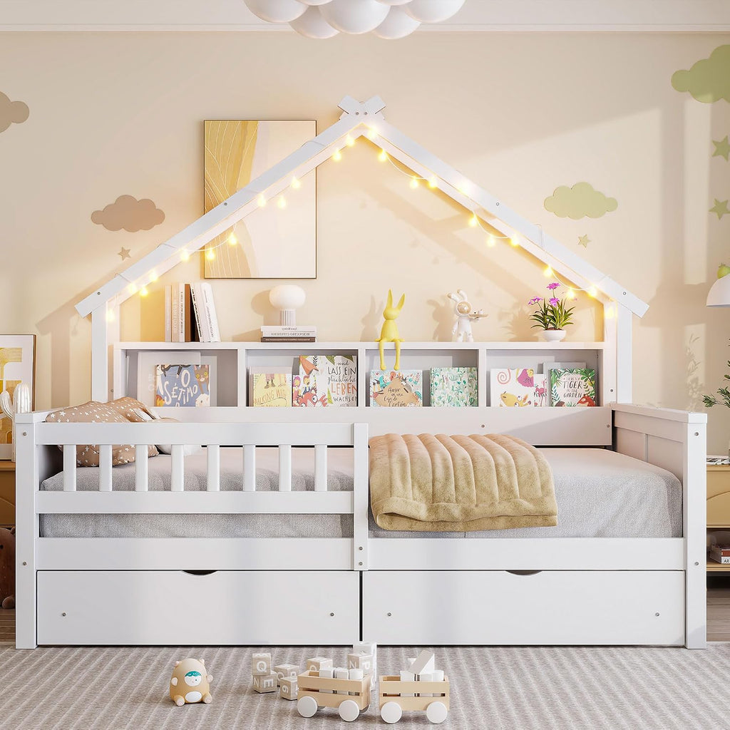 JIVOIT House Beds Wood Platform Bed, Full Size Platform Bed Frame with Storage Shelves, Drawers and Guardrail, Wood Slats Support, No Box Spring Needed (White/509)