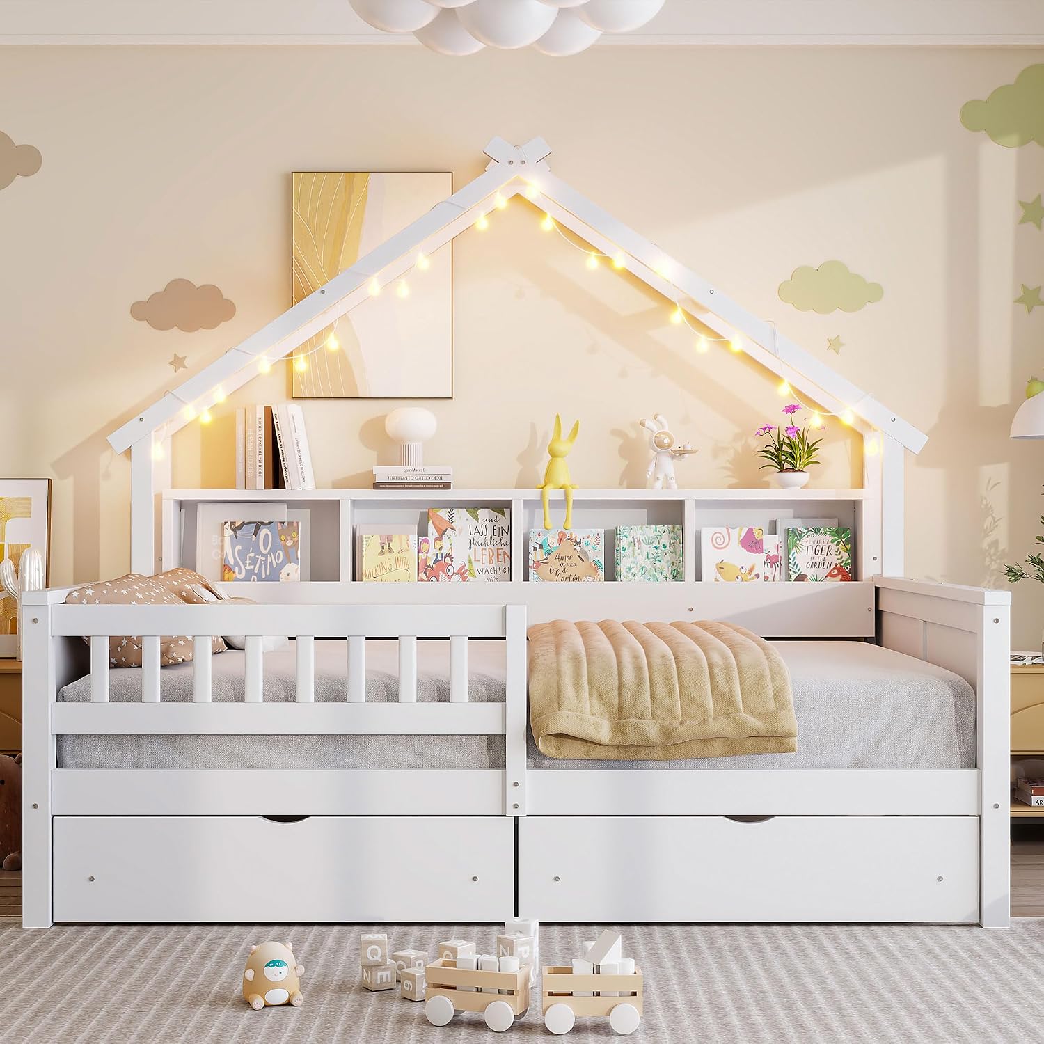 JIVOIT House Beds Wood Platform Bed, Full Size Platform Bed Frame with Storage Shelves, Drawers and Guardrail, Wood Slats Support, No Box Spring Needed (White/509)