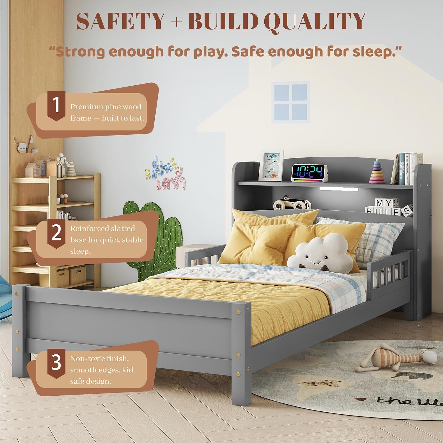 Twin Bed Frames for Kids with Storage Bookcase, Twin Kids Bed Frame with LED Motion Sensor Light & Guardrails, Kids Wood Twin Bed Frame, No Box Spring Needed, Grey