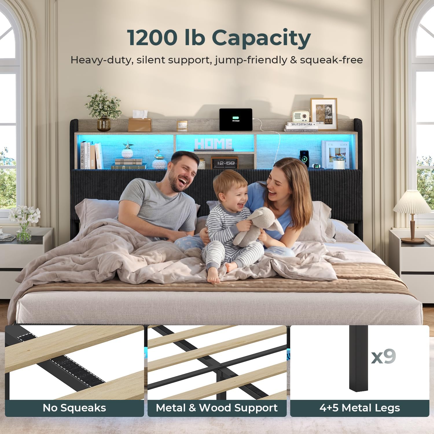 ADORNEVE California King Bed Frames with 4 Storage Drawers, Footboard Cubbies and RGB Lights, Corduroy Upholstered Platform Bed with Power Outlets and Storage Headboard, No Box Spring Needed, Black