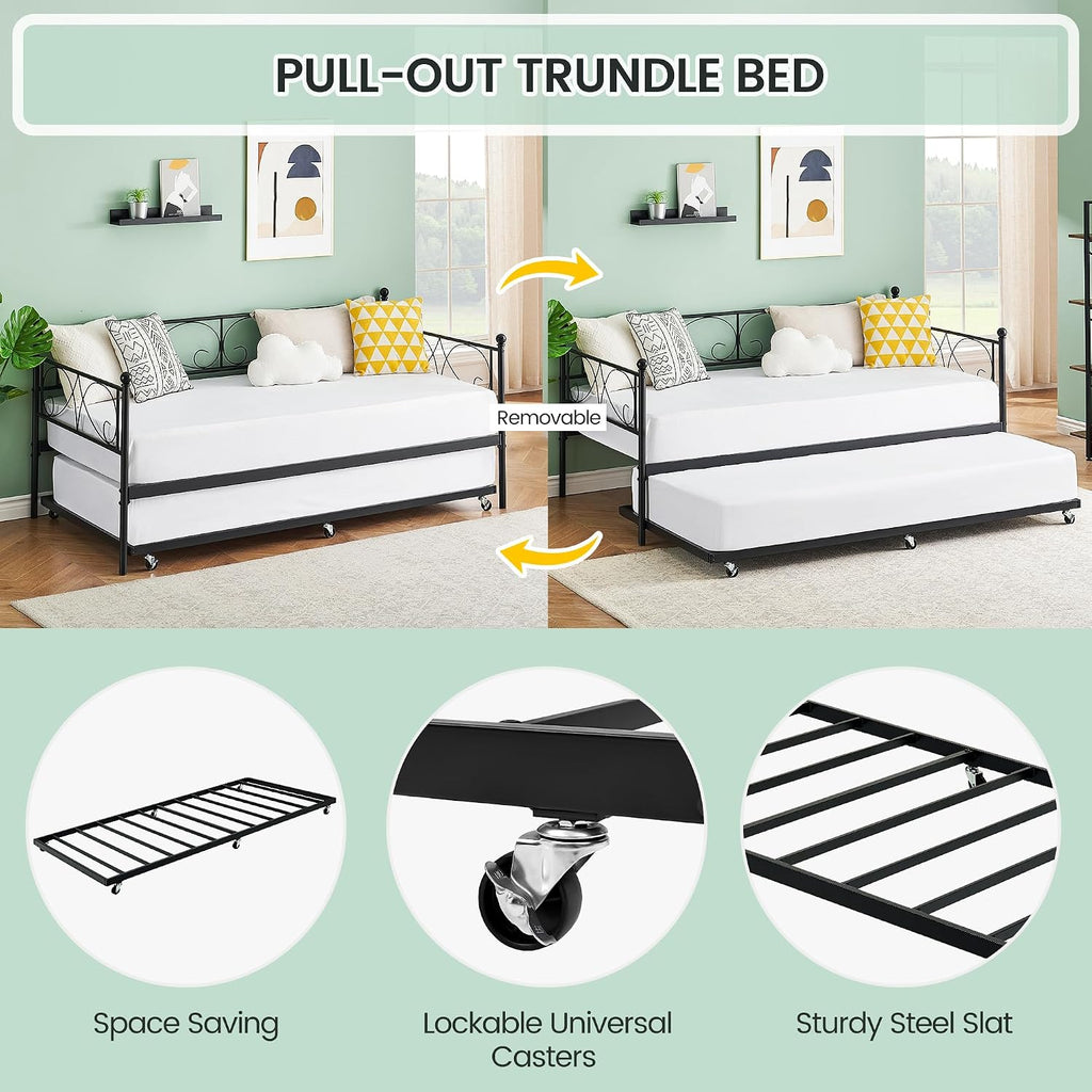 TrailBlaze Modern Space-Saving Twin Metal Daybed with Trundle - Heavy Duty Frame, Stylish Curved Floral Headboard, No Box Spring Needed, Perfect for Bedroom, Living Room, Guest Room - Black Suit, One