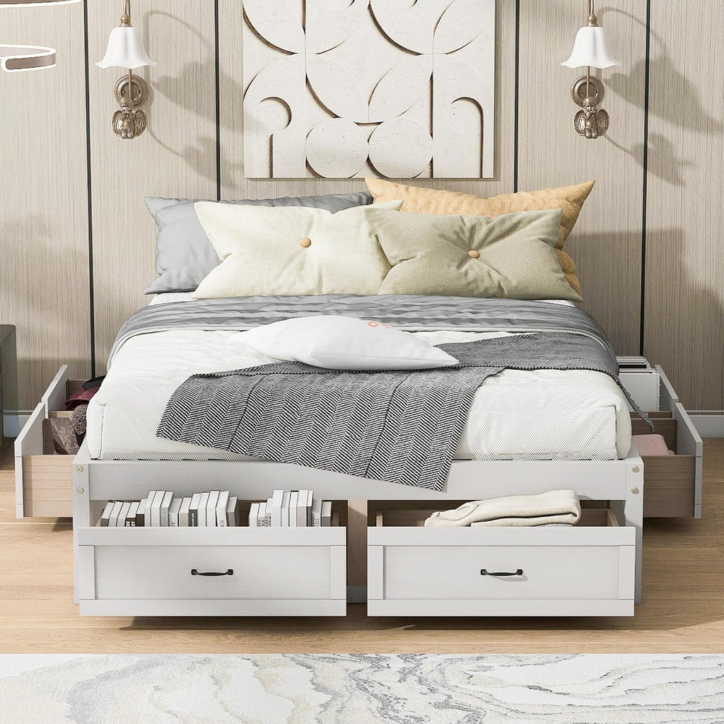 Queen Size Wooden Platform Bed with 6 Storage Drawers, No Box Spring Needed (Antique White, Queen)