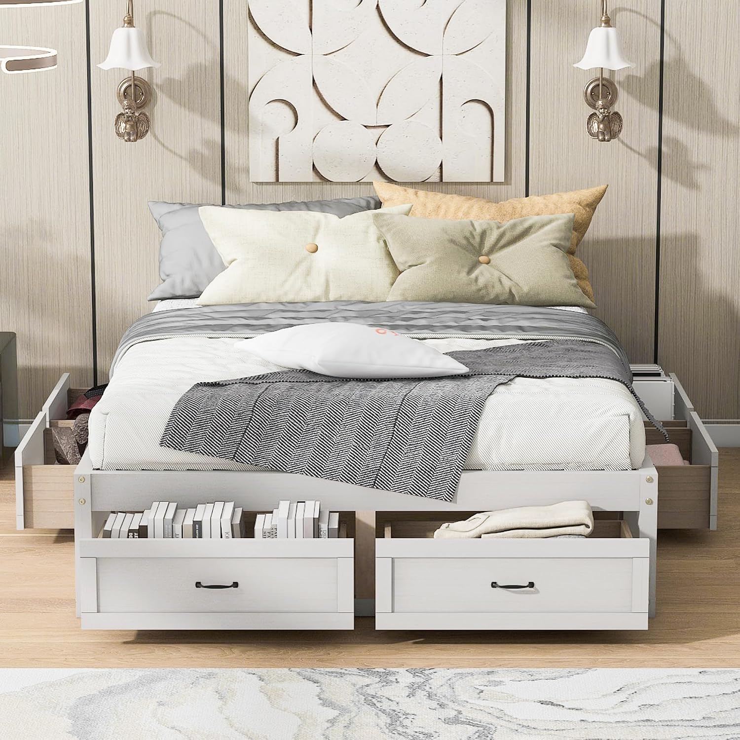 Queen Size Wooden Platform Bed with 6 Storage Drawers, No Box Spring Needed (Antique White, Queen)