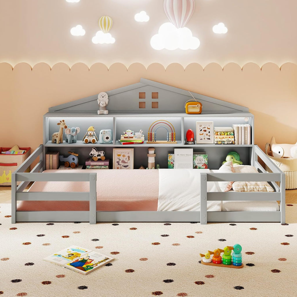 BECOMFORT Twin Floor Bed with LED Lights, 2-in-1 Kids Twin Floor Bed Frame with Bedside Bookcase & Safety Guardrails, Montessori Bed for Boys Girls