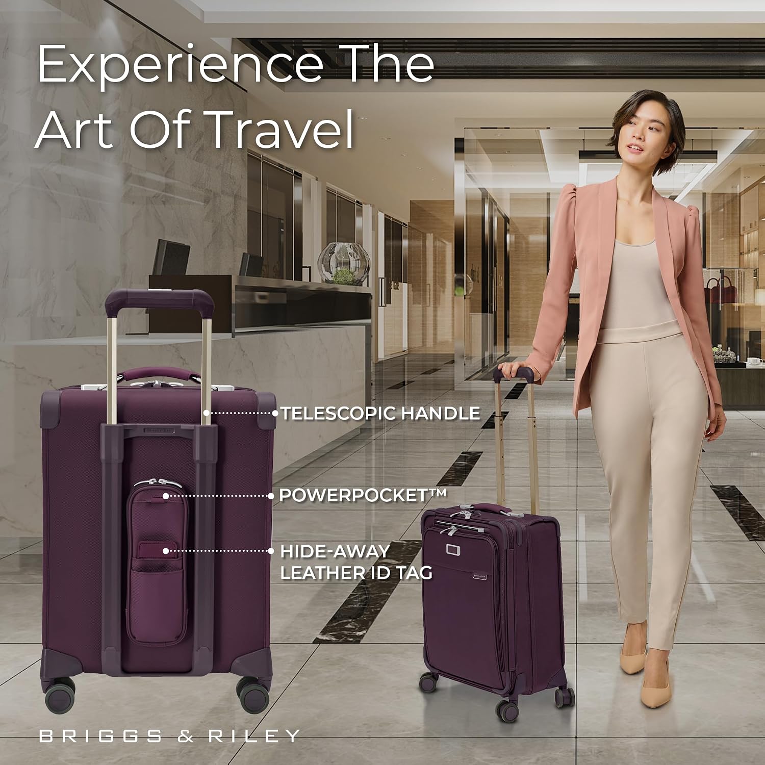 Briggs & Riley 21' Global Carry On Expandable Spinner - Luggage for International Travel, Suitcases with Wheels, Softside Rolling Bag for Men & Women, Self-Repairing Zipper - Baseline Collection, Plum