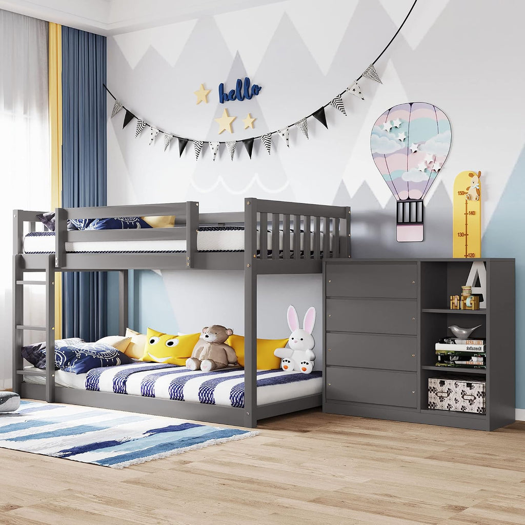 Twin-Over-Twin Size Bunk Bed, Bedroom Furniture Pine Wood Bed Frame with Storage Drawers and Open Shelves, Drawers and Shelves Set Can Be Moved, for Kids & Teens (Gray)