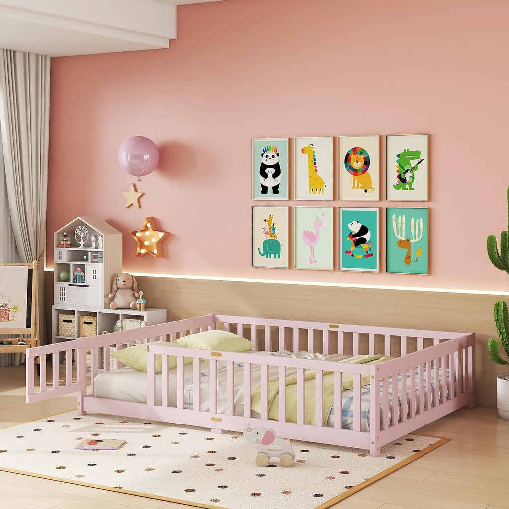 Full Size Floor Bed for Kids, Wooden Montessori Bed Frame with Door, Montessori Floor Bed with Rails for Boys and Girls, No Box Spring Needed, Pink