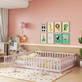 Full Size Floor Bed for Kids, Wooden Montessori Bed Frame with Door, Montessori Floor Bed with Rails for Boys and Girls, No Box Spring Needed, Pink